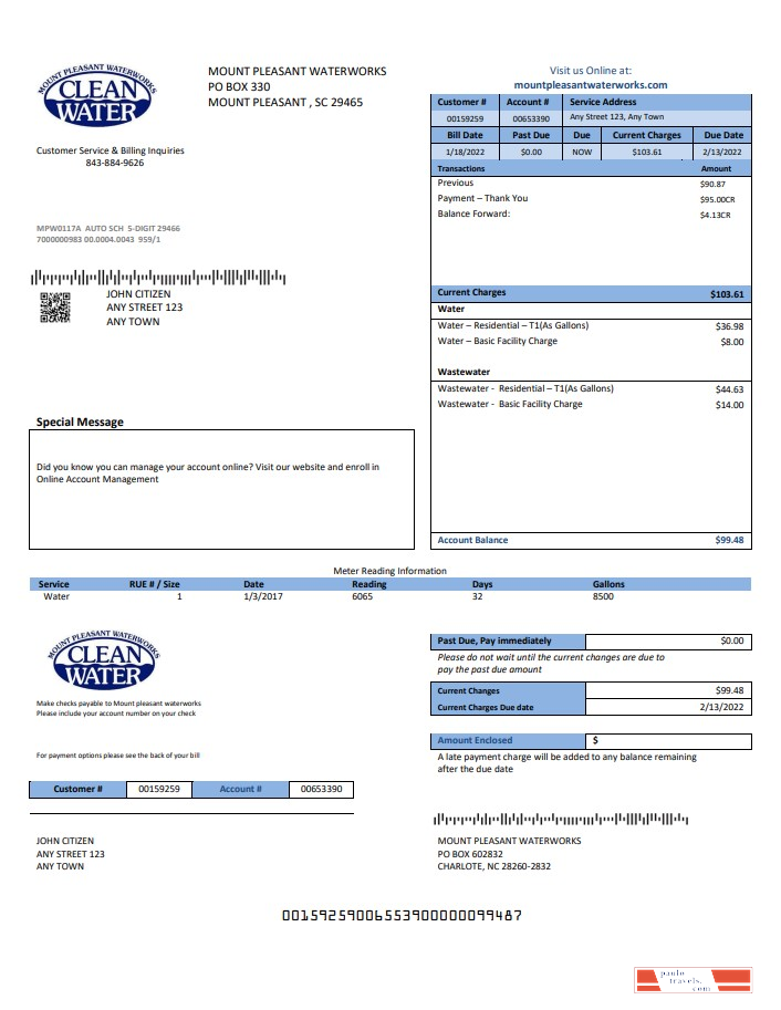 USA Clean Water utility bill template in Word and PDF format